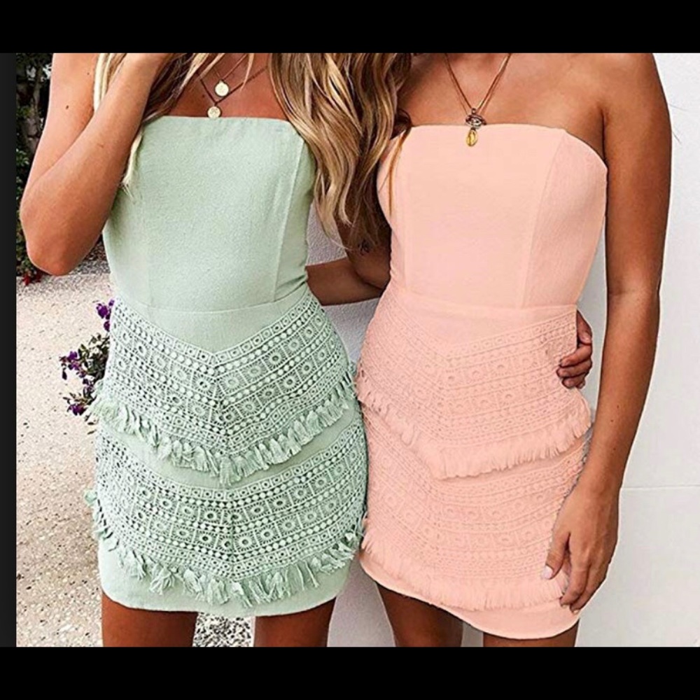 Women’s summer strapless lace patchwork dress pink